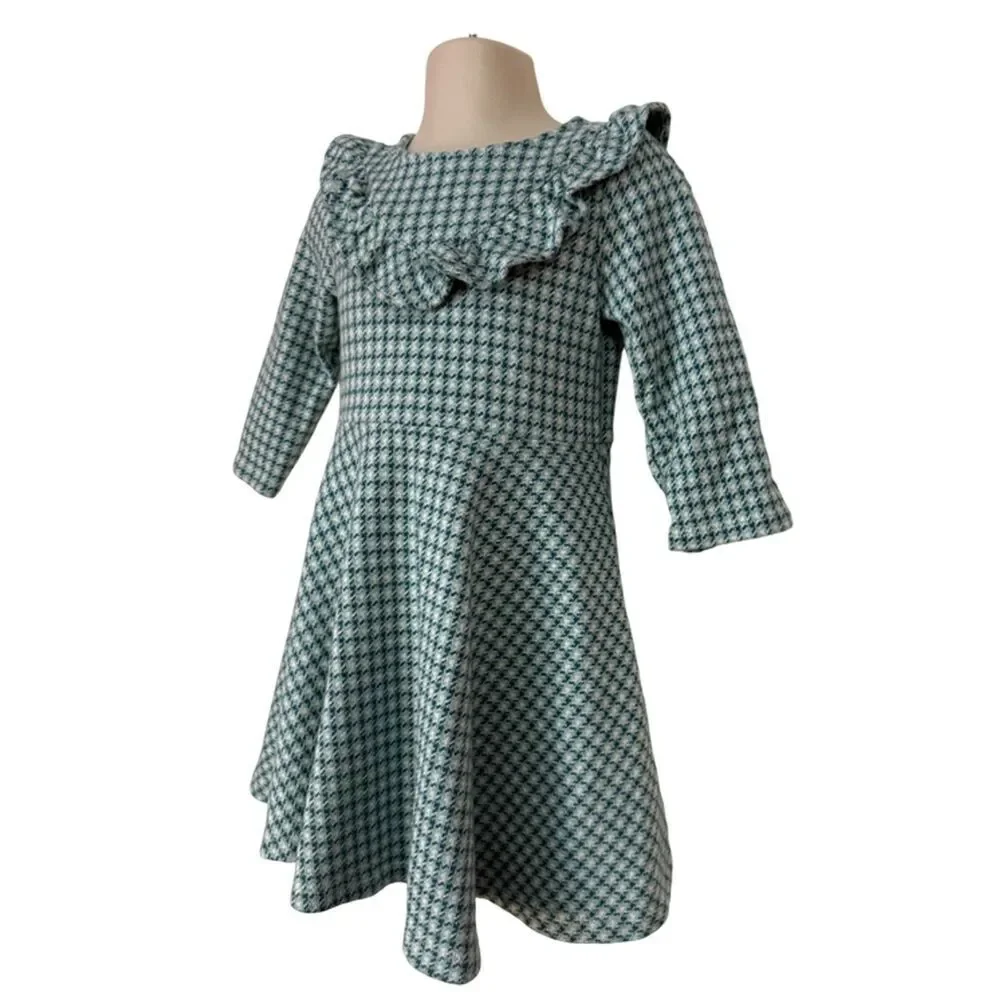 Janie & Jack Knit Green Plaid Long Sleeve Fit & Flare Dress Size 3T